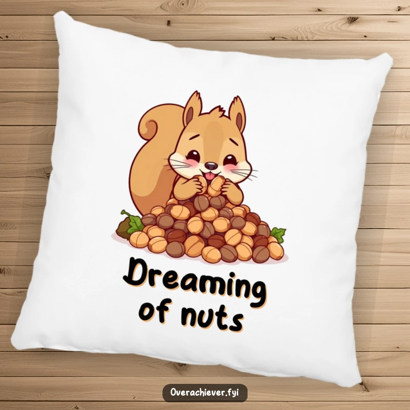 Funny cute squirrel character frantically stuffing an impossibly large amount of nuts, a soft and humorous decorative pillow.