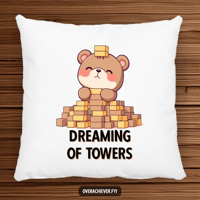 Funny pillow featuring a focused bear gleefully stacking tiny blocks, a comfortable and humorous decor item.