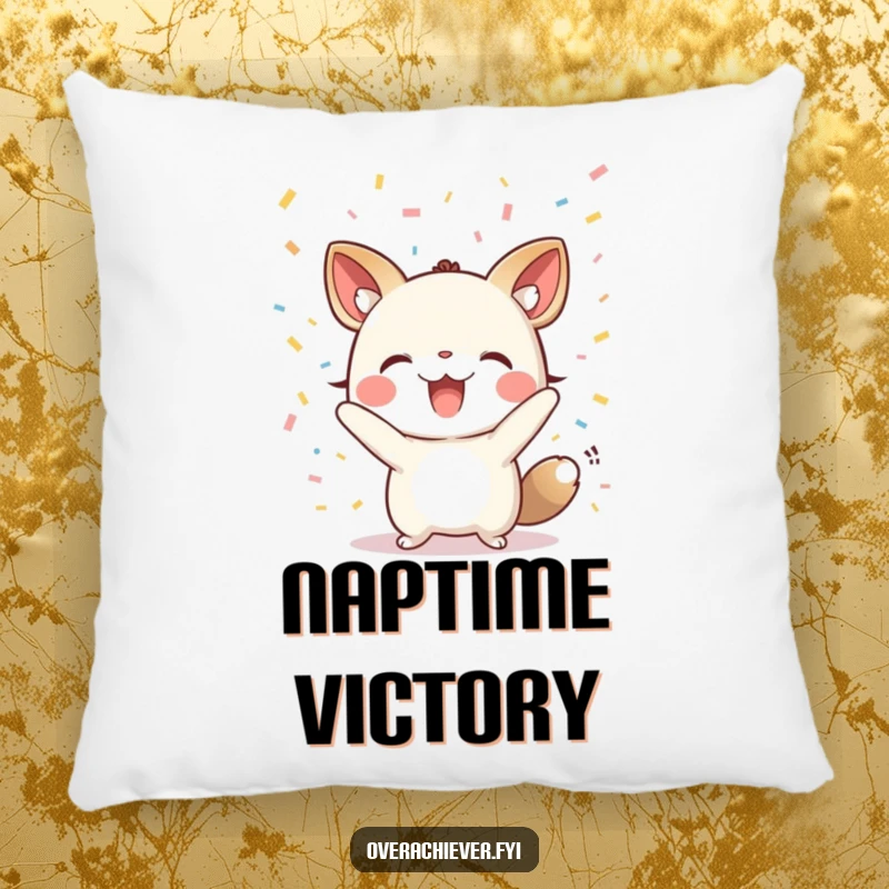 Funny pillow with a cheering animal character surrounded by raining confetti, a soft and festive decorative accent.