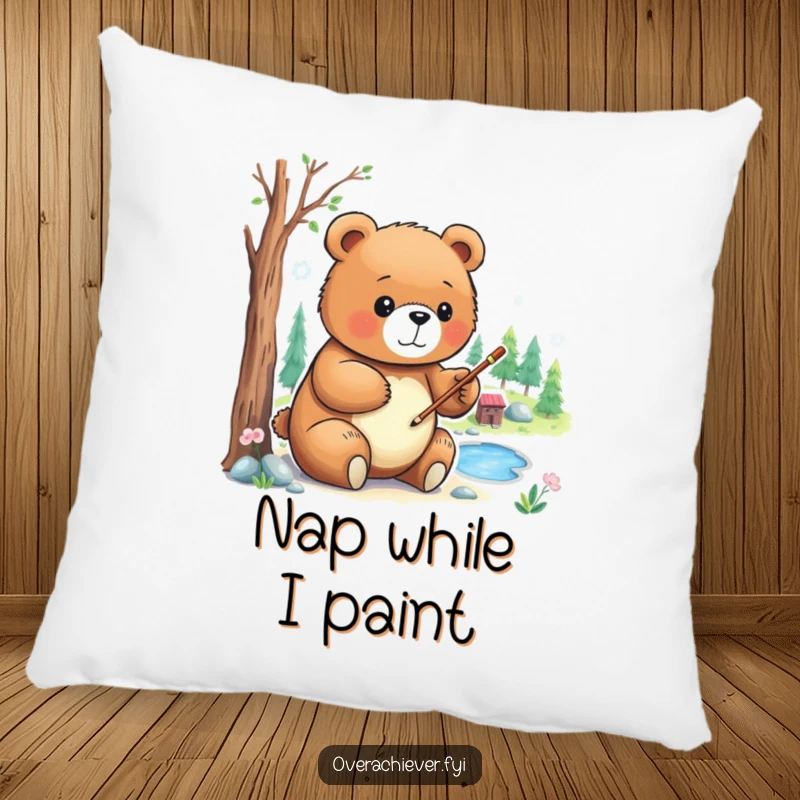 Funny Pillow: A focused bear character carefully painting a detailed miniature landscape, soft and comfortable.