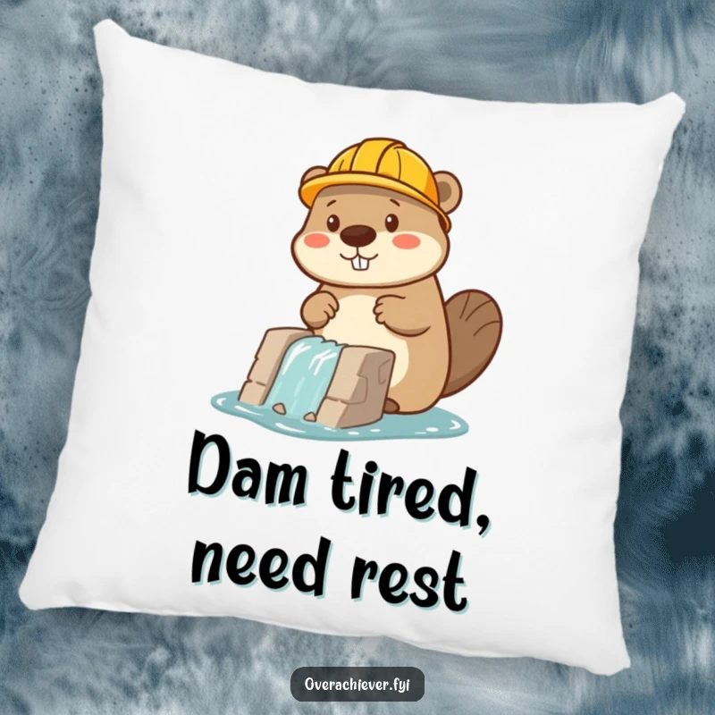 Funny beaver character in a hard hat building a dam, a soft and humorous decorative pillow.