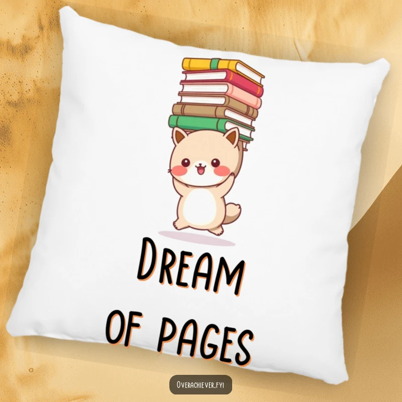 Funny book lover animal pillow showing a cute creature carrying a giant stack of books, perfect for cozy reading nooks. Soft and humorous decor.
