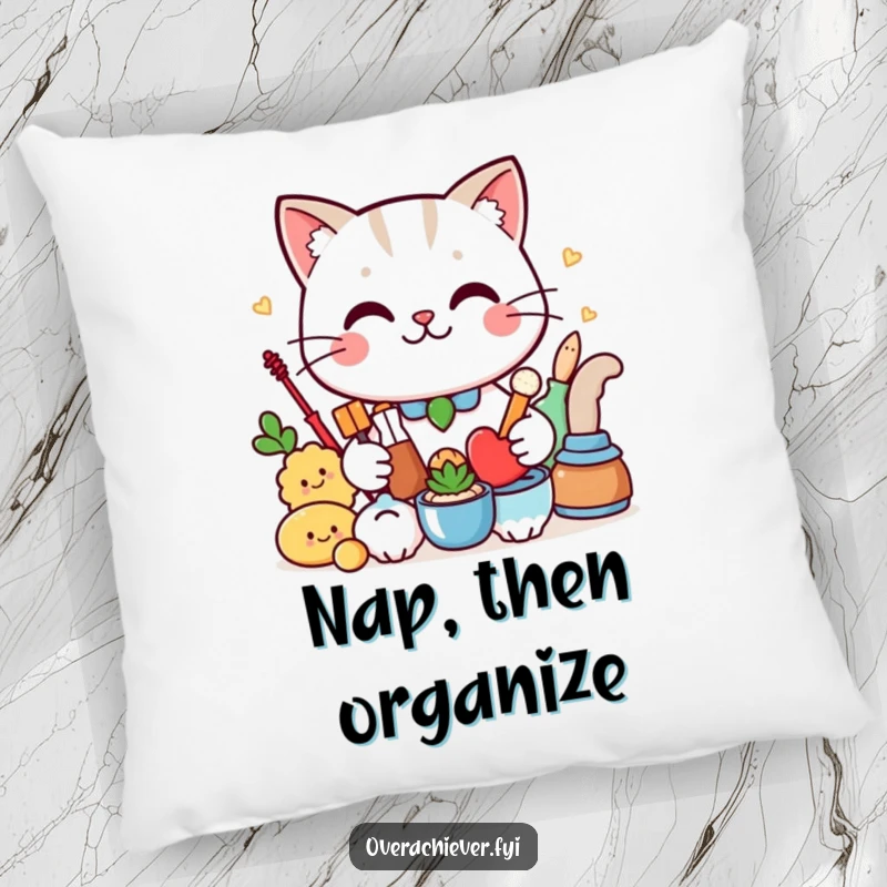 Funny Pillow: A cute cat with a proud smirk sits near a perfectly arranged collection, offering cozy, humorous decor.