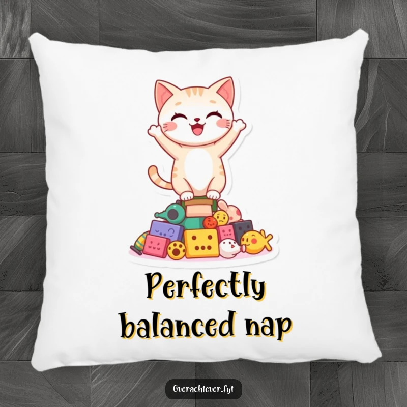 Funny happy cat character proudly balancing on a shaky pile of toys on a plush pillow, bringing cozy amusement.