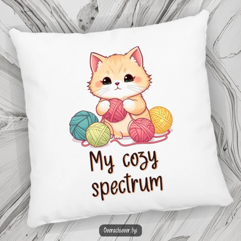 Funny fluffy cat meticulously organizing yarn balls by color gradient on a soft pillow, bringing comfort and humor.