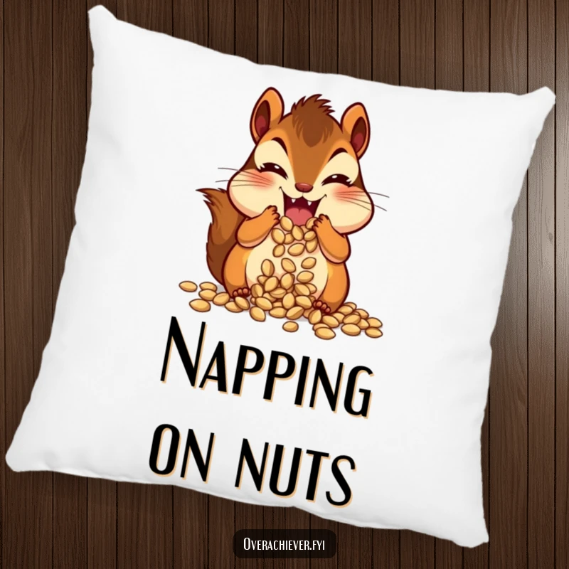 Funny chipmunk character looking delighted with its cheek pouches full of seeds, a soft and humorous pillow.