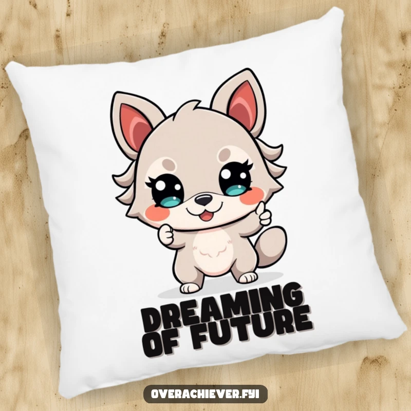 Funny Pillow displaying a determined animal character with a confident smile, looking and pointing towards a bright, promising future.
