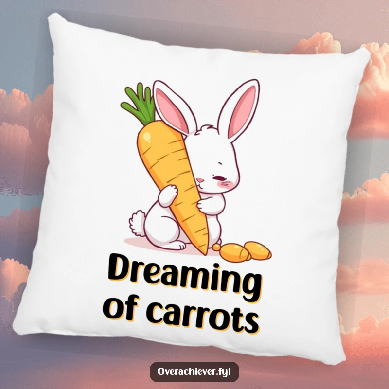 Funny pillow showcasing a determined rabbit polishing a large golden carrot, offering comfort with a side of humorous motivation, a great funny gift.
