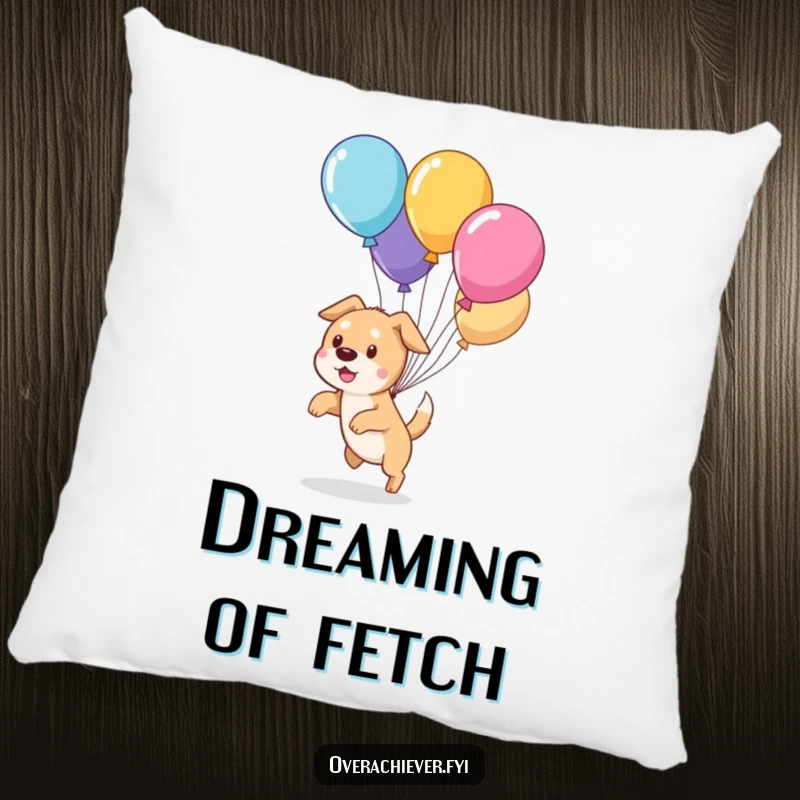 Funny cute dog character humorously attempting to herd runaway balloons on a plush pillow, bringing cozy fun.