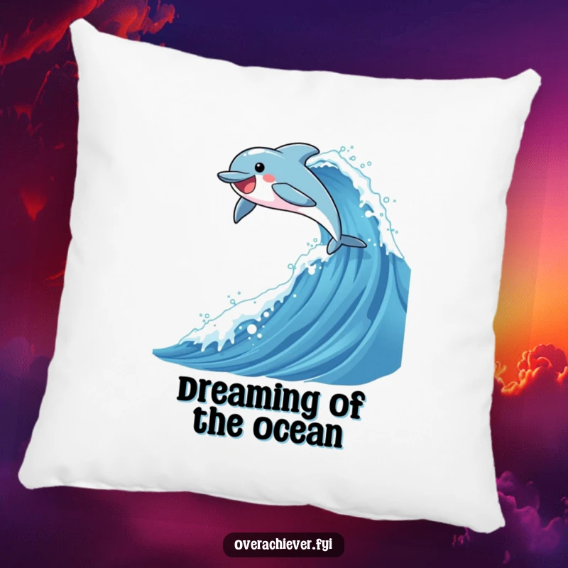 Funny decorative pillow with a dolphin character joyfully leaping high over a tall, sparkling ocean wave, offering comfort and humor.