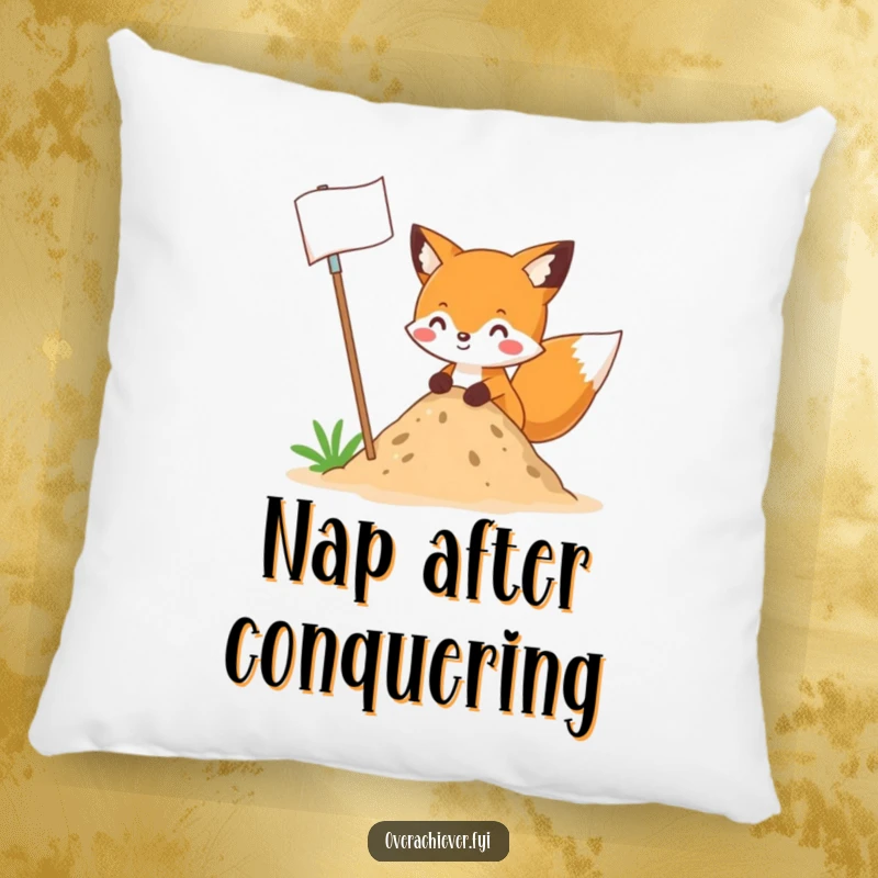 Funny fox planting a giant flag in a tiny dirt pile, illustrated on a soft pillow, offering comfort and a funny gift.