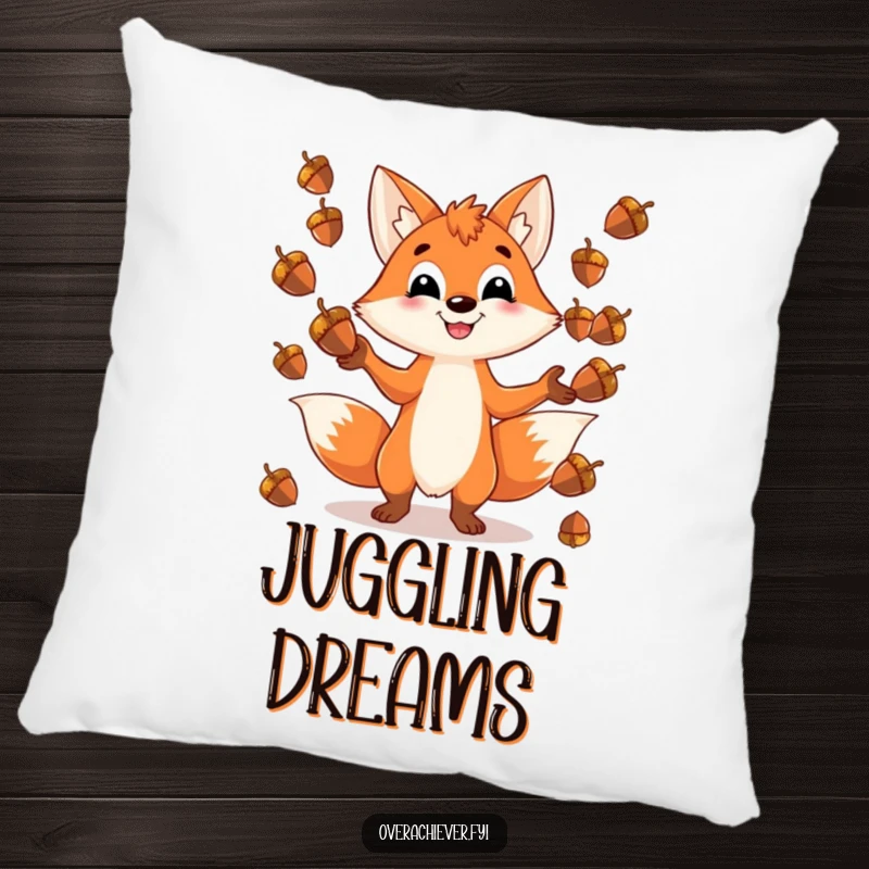 Funny pillow featuring a playful fox character grinning while juggling an impossible number of shiny acorns, a comfortable and humorous accent.