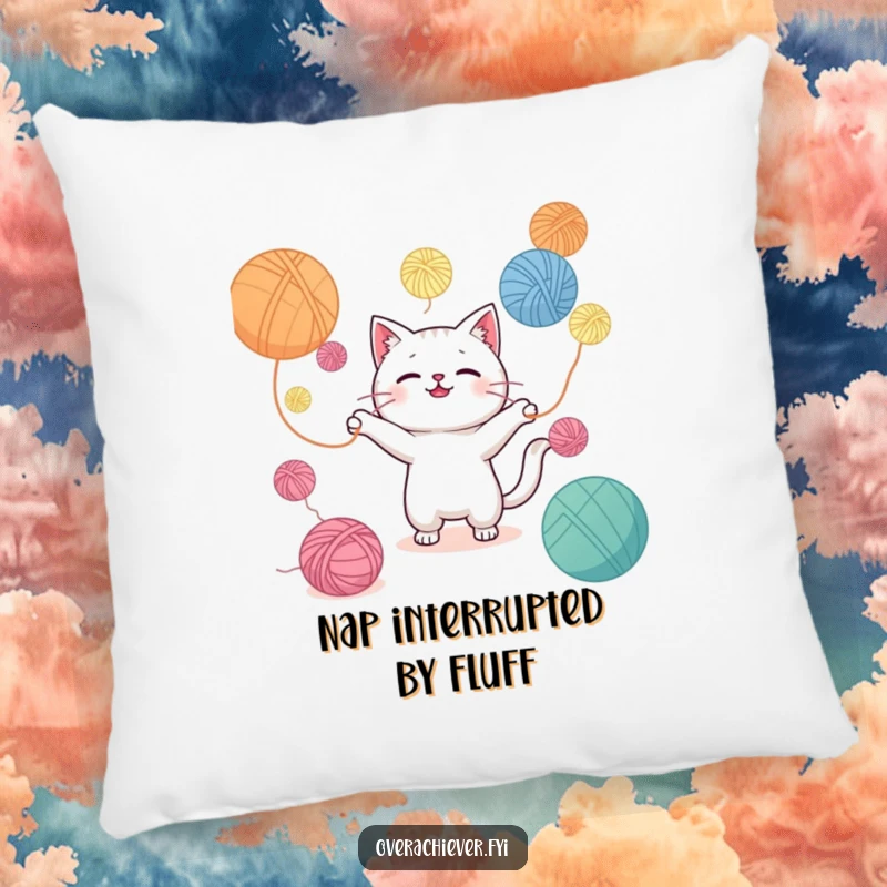 Funny pillow featuring a Kawaii cat adorably juggling countless balls of yarn, ensuring comfort with a humorous, crafty touch.
