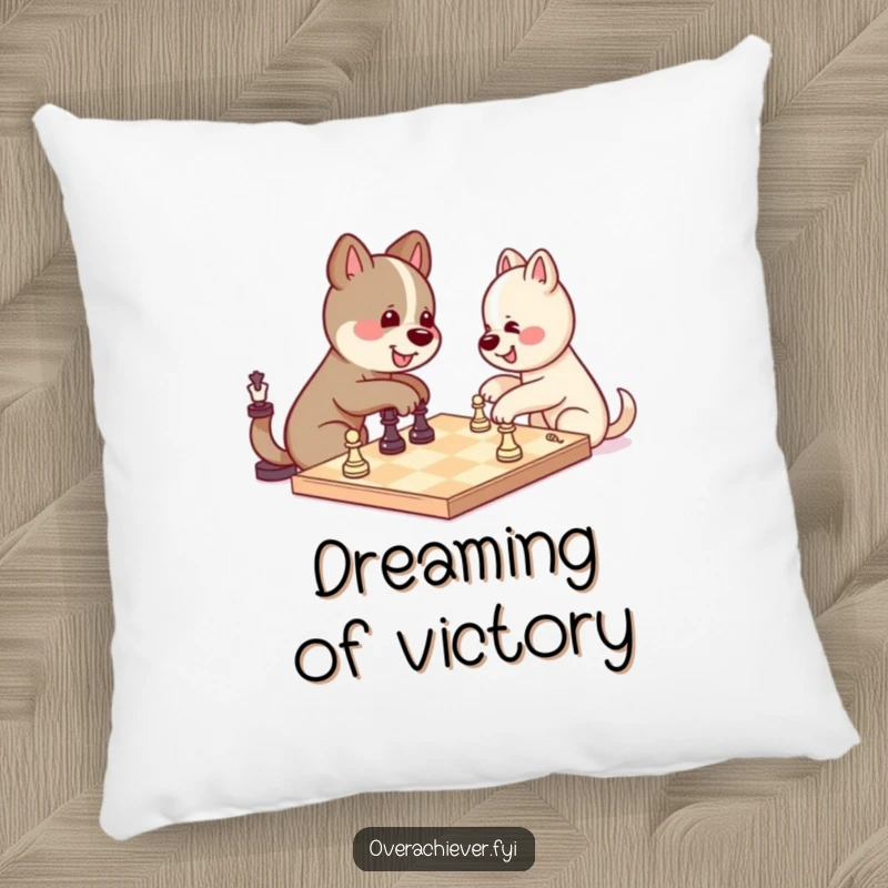 Funny kawaii dog character looking proud, playing chess against itself and winning, a soft and humorous pillow.