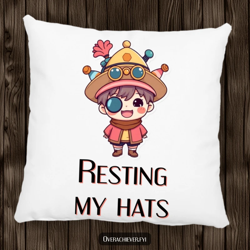 Funny multitasking pillow featuring a proud character wearing multiple hats, ideal for adding comfort and humor to any room. Soft and celebratory decor.