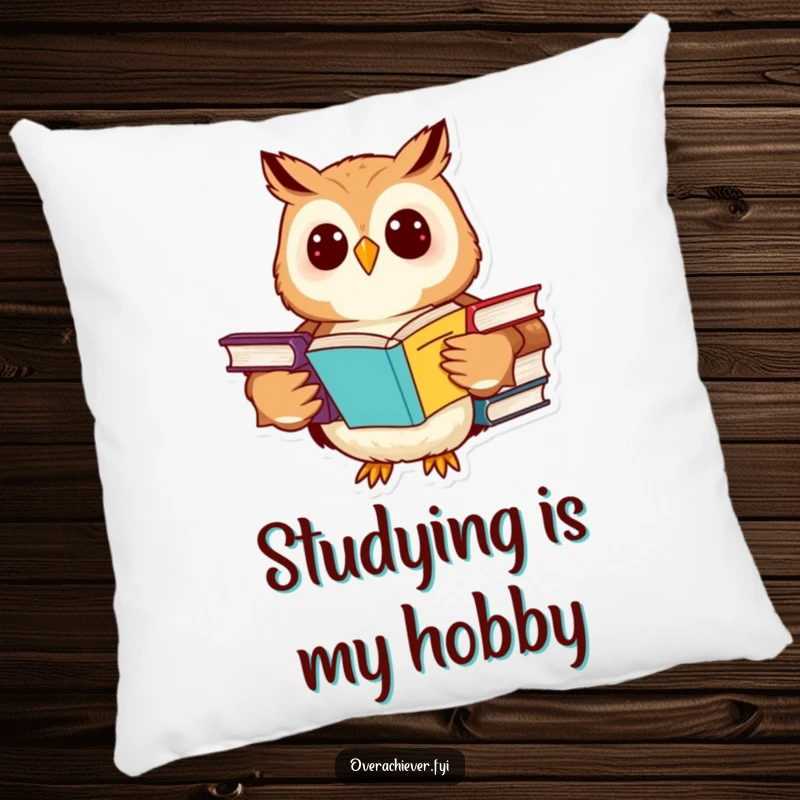 Funny owl pillow with a cheerful character studying multiple textbooks, soft and wise decor.
