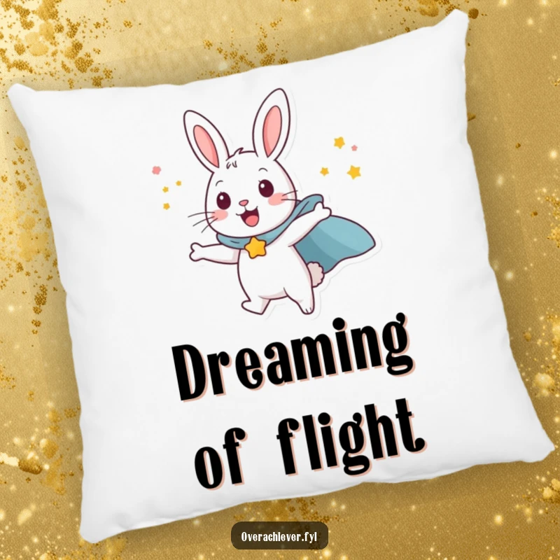 Funny happy rabbit character wearing a superhero cape, attempting to fly with sheer willpower, a soft and humorous decorative pillow.