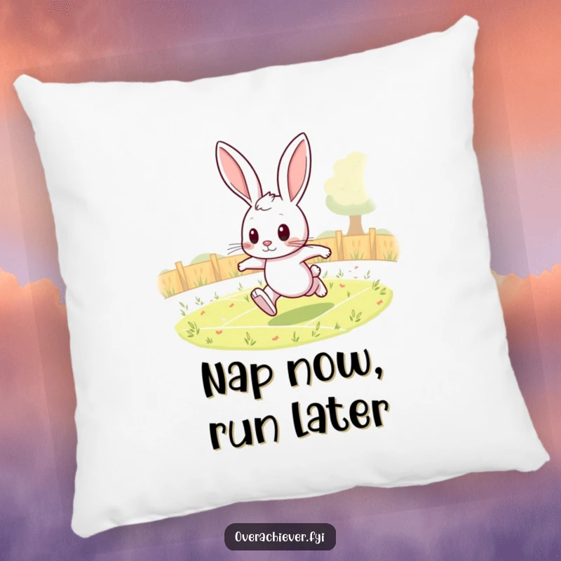Funny rabbit pillow with a determined character running countless laps in a field, soft and inspiring.