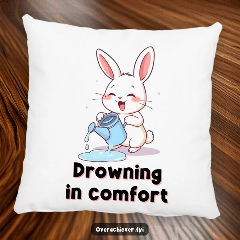 Funny energetic rabbit pillow, exuberantly watering a tiny, overflowing watering can, soft garden charm.
