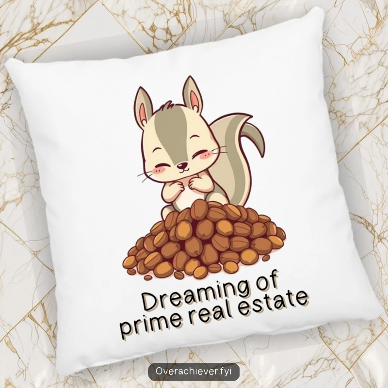Funny pillow showcasing a hyperactive squirrel meticulously organizing a massive hoard of nuts, providing comfort and comedic visual appeal.