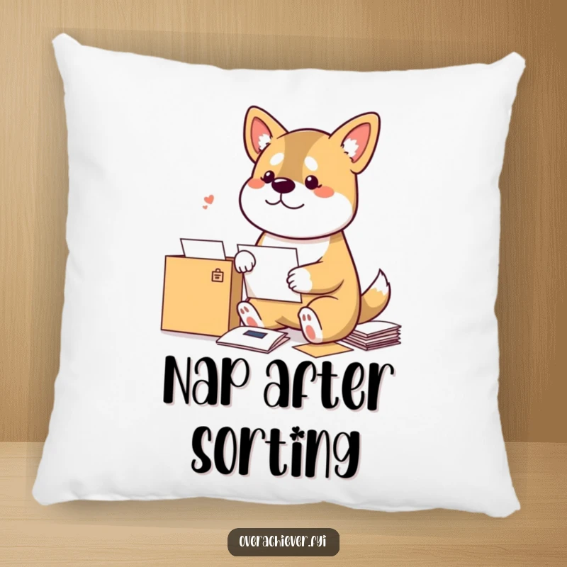 Funny Dog Pillow: A bouncy dog meticulously sorting mail by sender, adding humorous comfort to any seating area.
