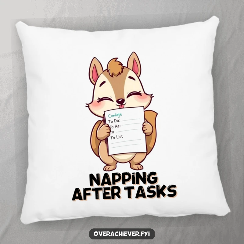 Funny squirrel task master pillow featuring a winking squirrel holding a tall stack of completed to-do lists.