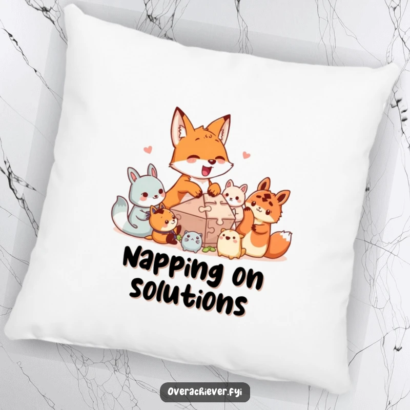 Funny pillow decor: An excited fox character helps smaller creatures with a complex puzzle, adding a humorous and cozy touch to any room.