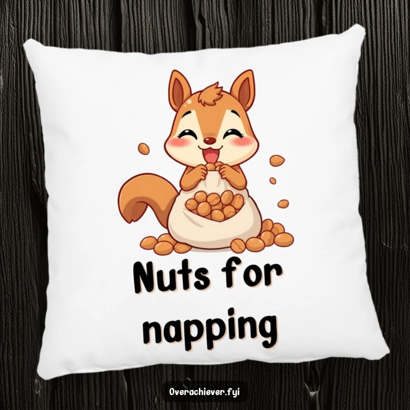 Funny pillow featuring a cheerful squirrel frantically stuffing nuts into an overflowing pouch, a comfortable and humorous home accent.