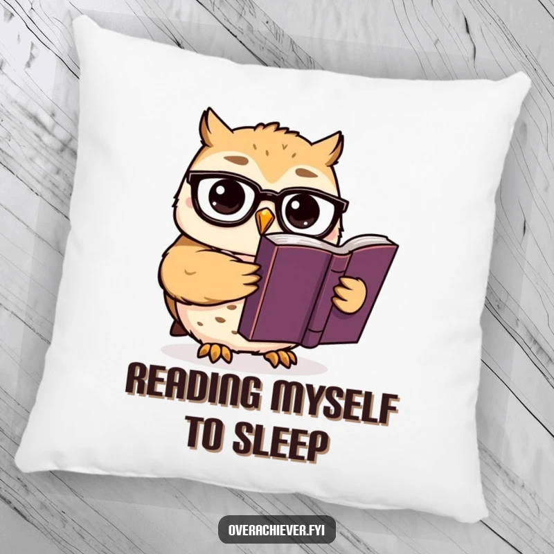 Funny pillow decor: A cute owl character wearing spectacles reads a thick book, adding humorous scholarly charm and comfort.