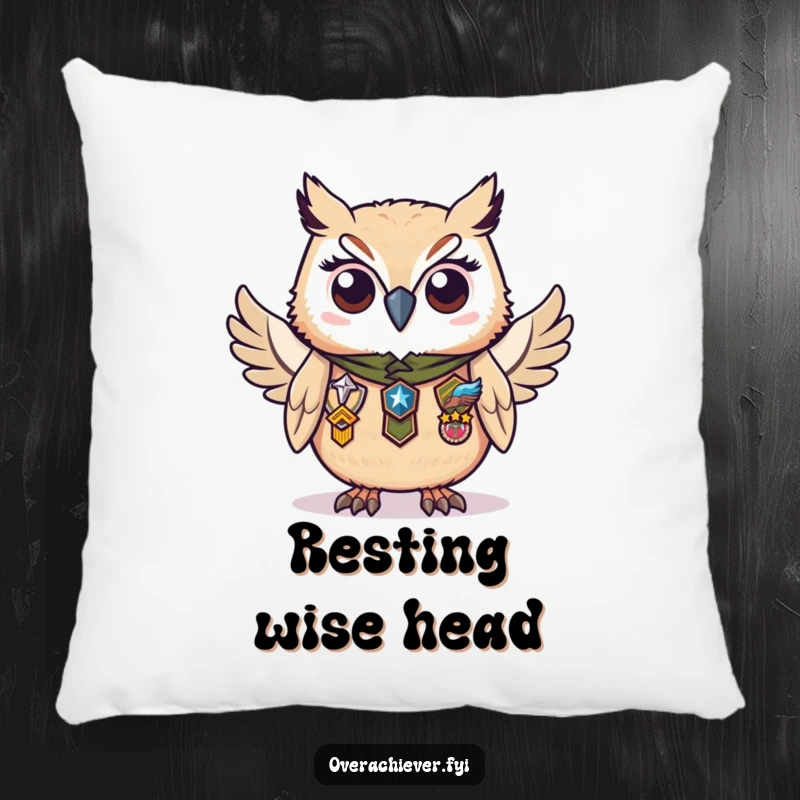 Funny pillow with a diligent owl character proudly wearing numerous badges of honor, soft and symbolizing achievement.