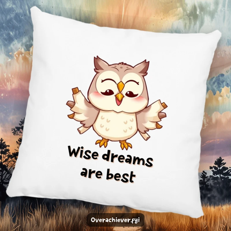 Funny cheerful owl character trying to multitask with too many scrolls unfurled, a soft and humorous decorative pillow.