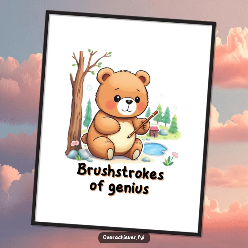 Funny Digital Art Print: A focused bear character carefully painting a detailed miniature landscape, high-resolution artwork.