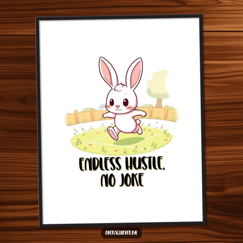 Funny rabbit digital art print of a determined character running endless laps in a field, instant download.