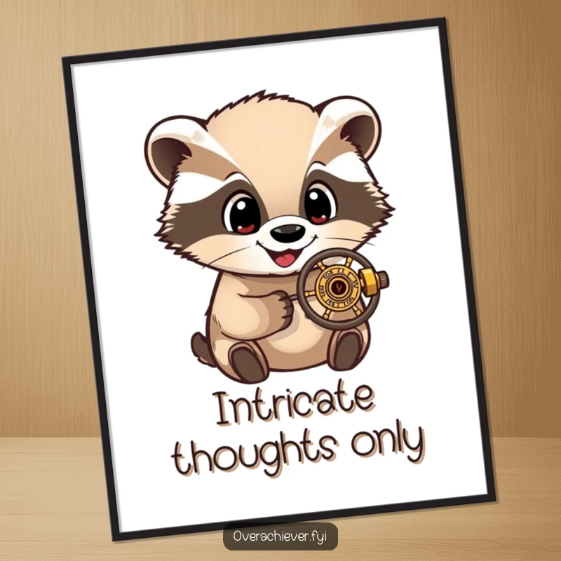 Funny Digital Art Print: A delighted badger character with wide eyes, meticulously examining a tiny, intricate mechanism.