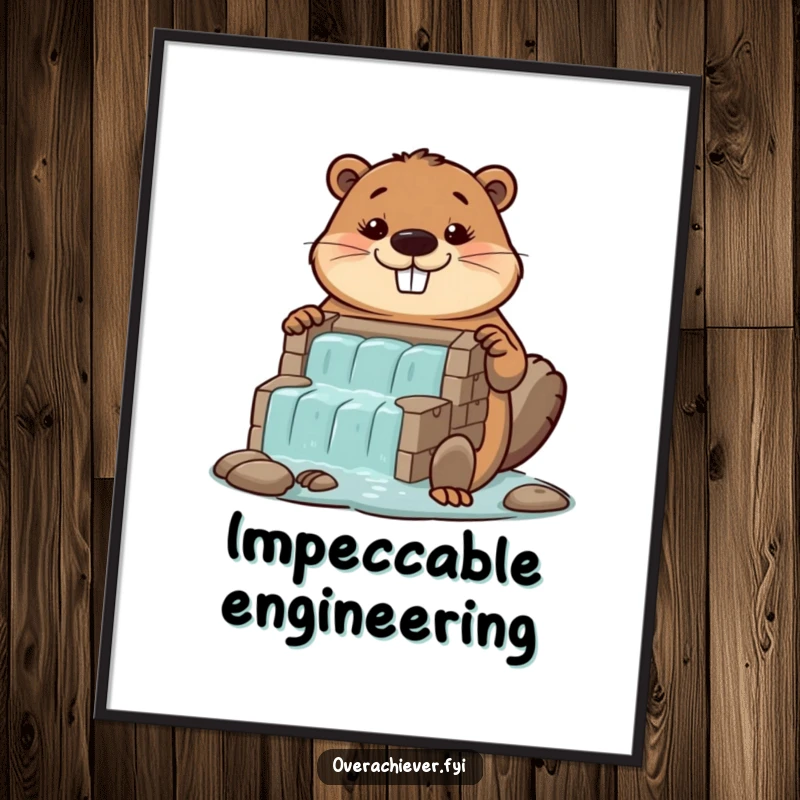 Funny diligent beaver digital art print, proudly displaying a colossal, perfectly built miniature dam.