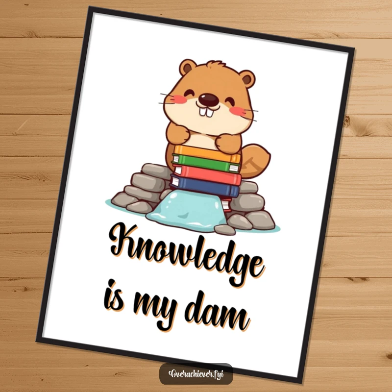 Funny digital art print of a cheerful beaver character meticulously building a dam out of stacked books, full of wit and charm.