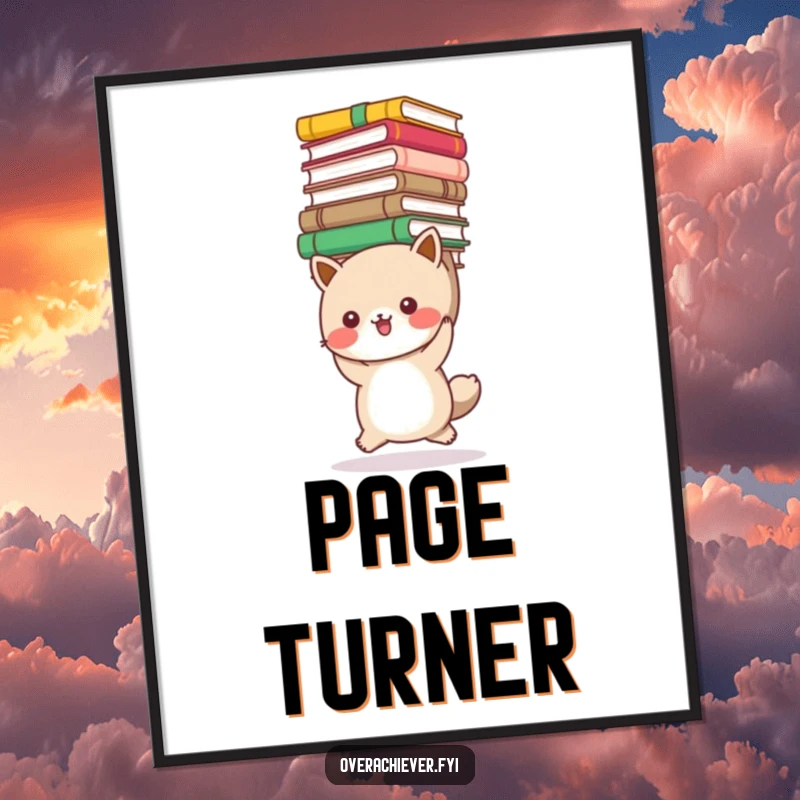 Funny bookworm animal digital art print of a cute creature carrying a massive stack of books, perfect for any reader's room decor.