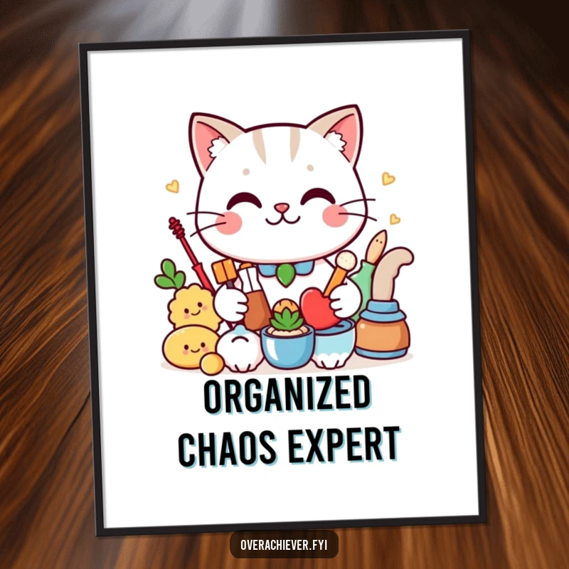 Funny Digital Art: A proud cat with a smirk presents a perfectly arranged collection, ideal for humorous wall decor.