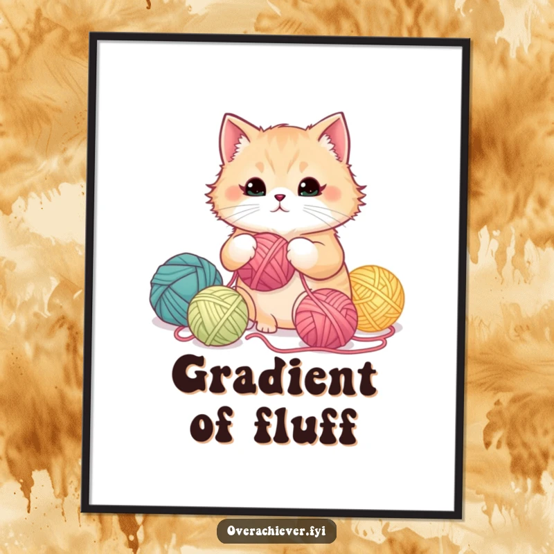 Funny fluffy cat meticulously organizing yarn balls by color gradient in a digital art print, adding crafty decor.