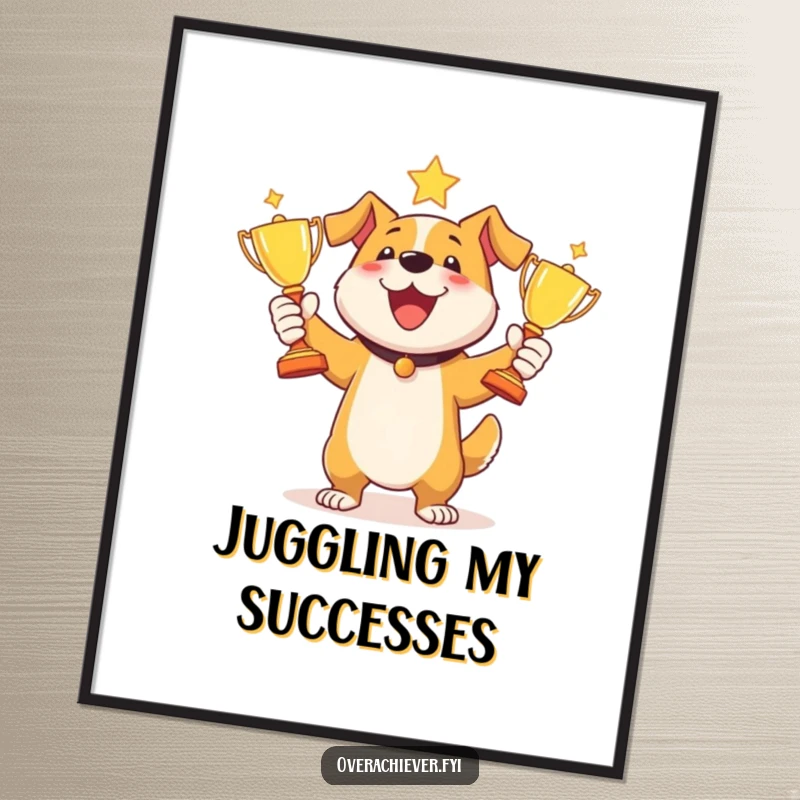 Funny dog juggling trophies digital art print of a happy dog joyfully keeping three shiny trophies in the air.