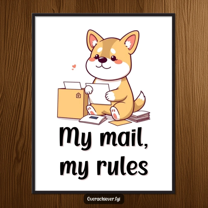 Funny Dog Digital Art Print: A bouncy dog meticulously sorting mail by sender, offering instant humor and personality.