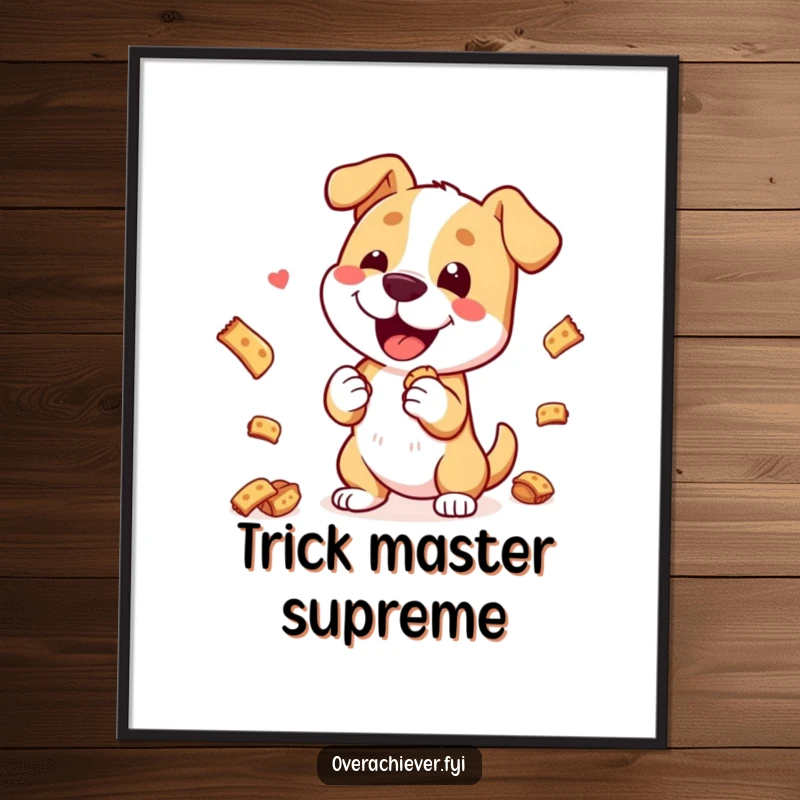 Funny Digital Art Print: A happy dog character performing an elaborate trick with treats, high-resolution artwork.