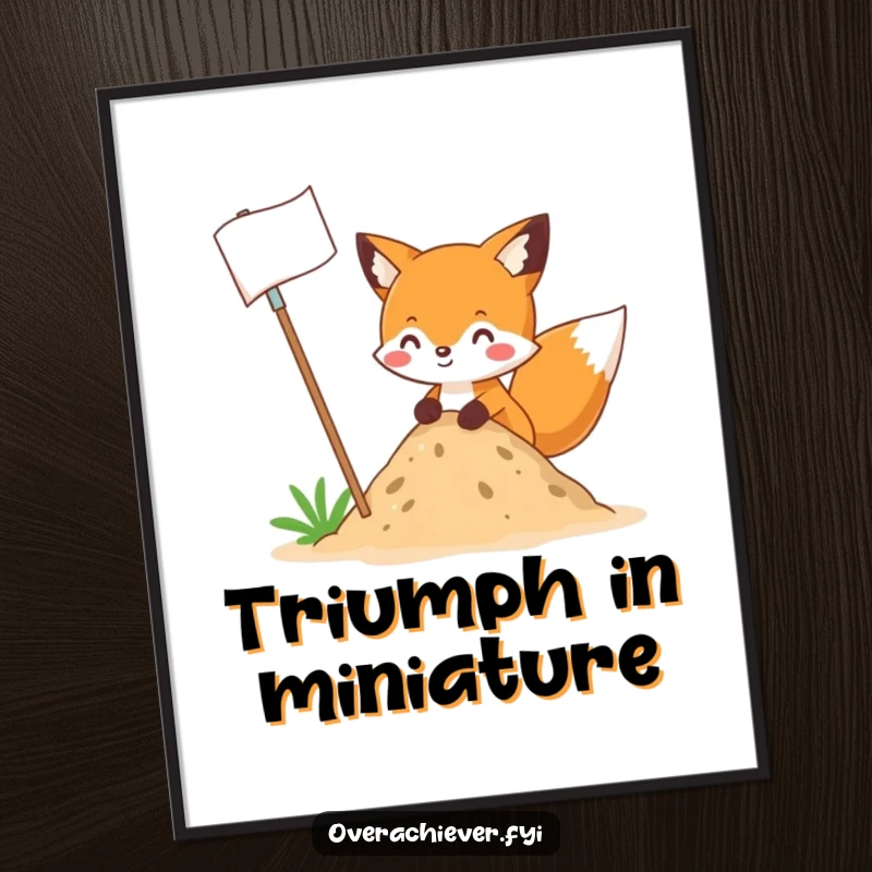 Funny fox character planting an enormous flag into a tiny mound of dirt, a digital art print conveying humorous victory and ambition.