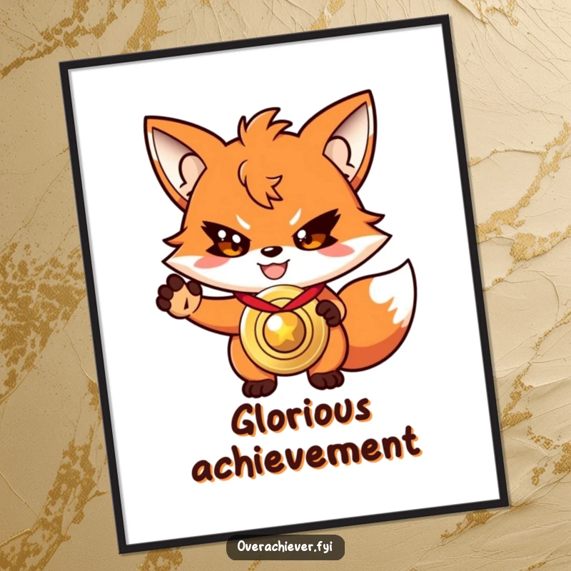 Funny driven fox digital art print, with a determined grin, presenting a shiny, oversized medal.