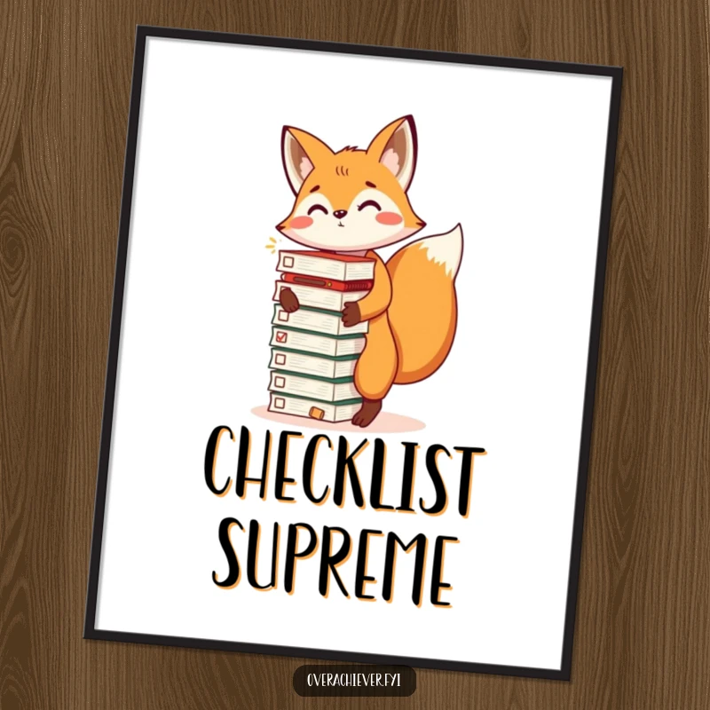 Funny digital art print of an energetic fox balancing a stack of completed task lists, exuding humorous productivity, a great funny gift.