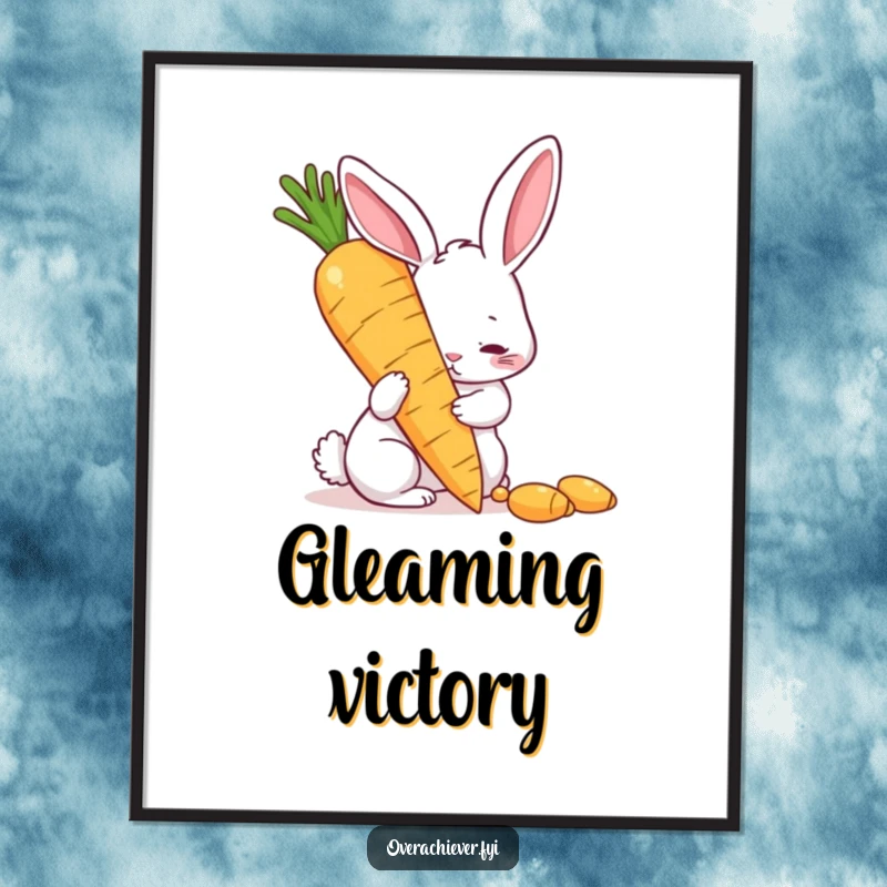 Funny digital art print of a determined rabbit polishing a giant golden carrot, exuding humorous ambition and charm, a great funny gift.