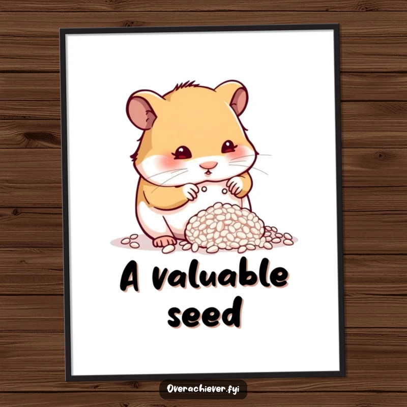 Funny determined hamster counting a single grain of rice in a digital art print, adding focused decor.