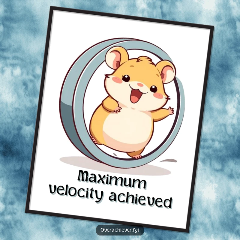 Funny Digital Art Print: A cheerful hamster character running at top speed on an oversized wheel, high-resolution artwork.