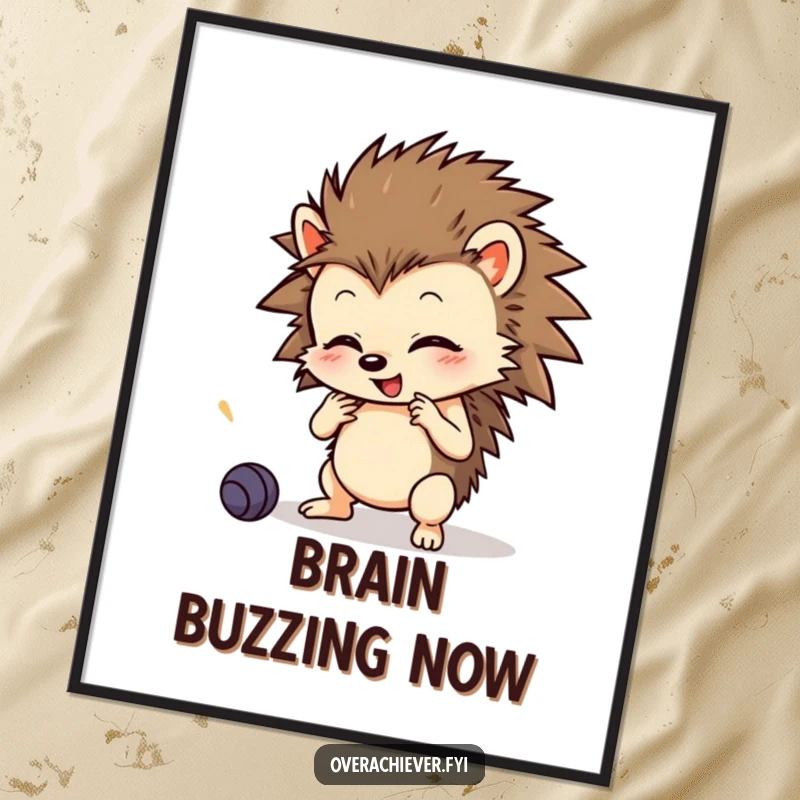 Funny Digital Art Print: A small hedgehog character learning many skills with intense focus, depicted with vibrant, humorous strokes.