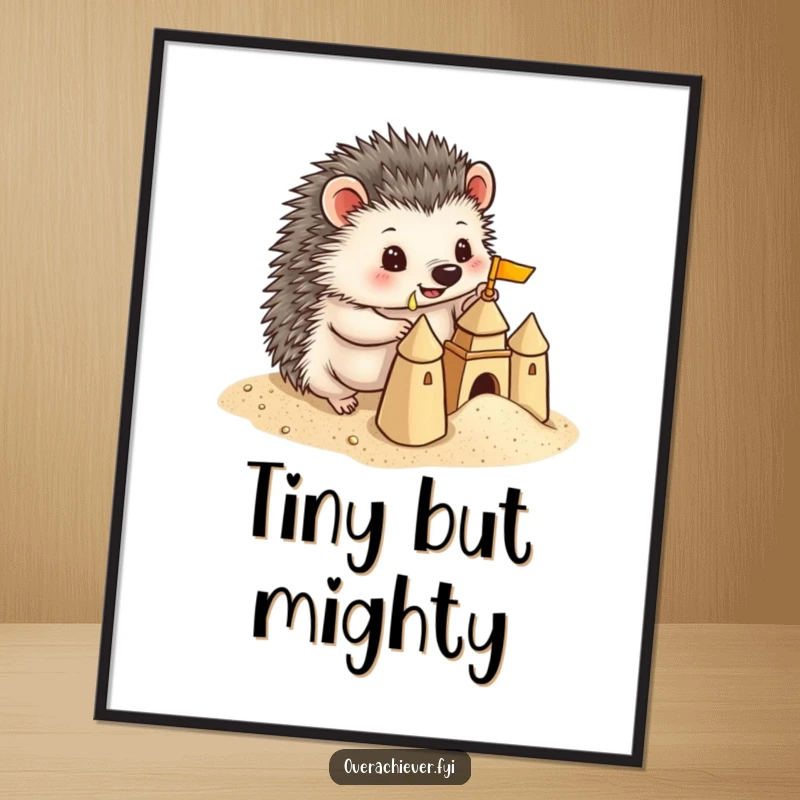 Funny Hedgehog Digital Art Print: A playful hedgehog building a miniature sandcastle with precise detail, offering instant humor and beachy charm.